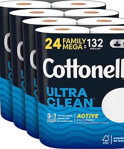 Cottonelle Ultra Clean Toilet Paper with Active CleaningRipples Texture, Strong Bath Tissue, 24 Family Mega Rolls (24 Family Mega Rolls = 132 Regular Rolls) (4 Packs of 6 Rolls) 388 Sheets per Roll
