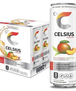 CELSIUS Peach Mango Green Tea, Fitness Energy Drink, Pack of 4, 12 Fl Oz