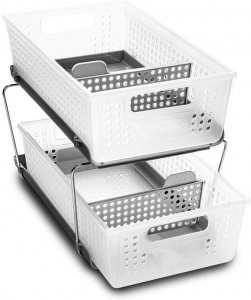 Madesmart 2-Tier Plastic Multipurpose Organizer with Divided Slide-Out Storage Bins, Under Sink and Cabinet Organizer Rack, Frost