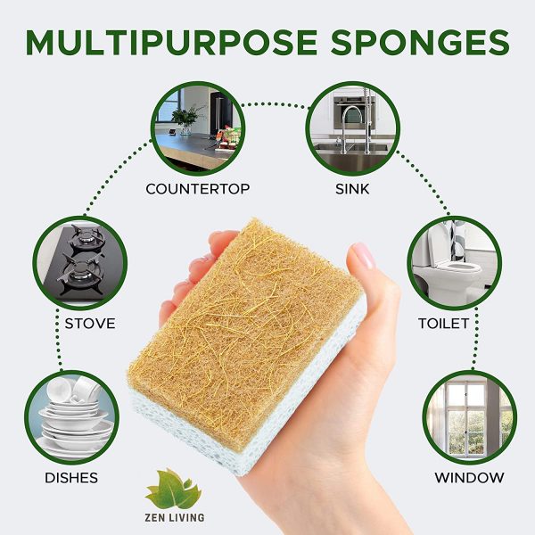 Zen Living Natural Sponge - Eco-Friendly Scrub Sponges for Kitchen - Best Wooden Pulp Sponge (Brown-White, 12 Pack)