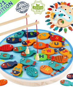 CozyBomB Magnetic Wooden Fishing Game Toy for Toddlers - Alphabet Fish Catching Counting Preschool Board Games Toys for 3 4 5 Year Old Girl Boy Kids Birthday Learning Education Math with Magnet Poles
