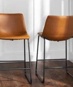 Walker Edison Wasatch 24 in. Whiskey Brown Low Back Metal Frame Counter Height Bar Stool with Faux Leather Seat (Set of 2)