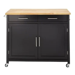 Glenville Black Double Drawer Kitchen Cart with Butcher Block Top and Locking Wheels (42" W)