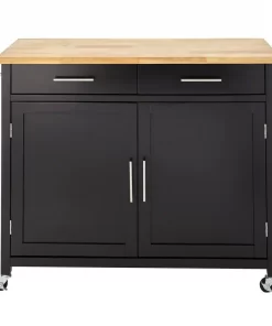 Glenville Black Double Drawer Kitchen Cart with Butcher Block Top and Locking Wheels (42" W)