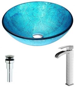 ANZZI Accent Series Deco-Glass Vessel Sink in Blue Ice with Key Faucet in Brushed Nickel