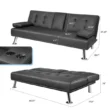 Black 66 in. Faux Leather Upholstered Convertible Folding Futon Sofa Bed 2 Cupholders