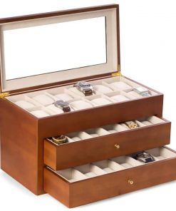 Cherry Wood 36-Watch Box with Glass Top and 2-Drawers, Velour Lining and Pillows