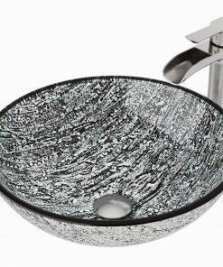 VIGO VG07050 Glass Round Vessel Bathroom Sink in Titanium Gray with Niko Faucet and Pop-Up Drain in Brushed Nickel