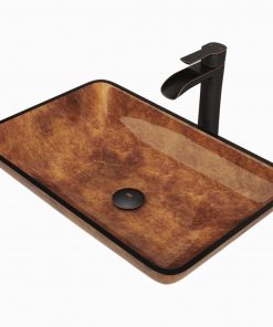 VIGO VGT1055 Glass Rectangular Vessel Bathroom Sink, Chocolate Brown, Antique Rubbed Bronze
