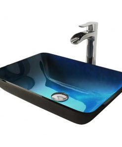 VIGO VGT1073 Glass Rectangular Vessel Bathroom Sink in Turquoise Blue, Chrome - Copy