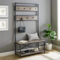 Walker Edison Furniture Company 72 in. Grey Wash Industrial Metal and Wood Hall Tree