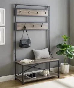 Walker Edison Furniture Company 72 in. Grey Wash Industrial Metal and Wood Hall Tree