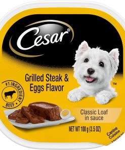 CESAR Soft Wet Dog Food Classic Loaf in Sauce Grilled Steak and Eggs Flavor, 3.5 oz. Easy Peel Trays Pack of 24