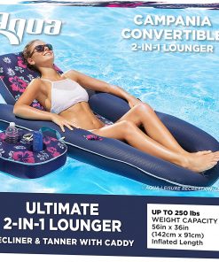 Aqua Campania Ultimate 2-in-1 Pool Float Lounge – Extra Large – Inflatable Pool Floats for Adults with Adjustable Backrest & Cupholder Caddy – Navy Hibiscus