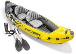 Explorer K2 Kayak, 2-Person Inflatable Kayak Set with Aluminum Oars and High Output Air Pump