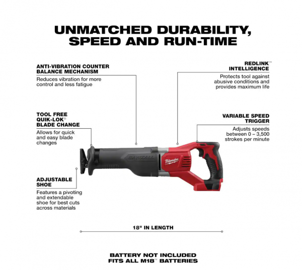 Milwaukee 2621-20 M18 18V Lithium-Ion Cordless SAWZALL Reciprocating Saw (Tool-Only)