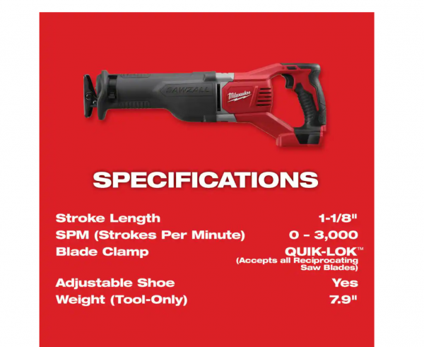 Milwaukee 2621-20 M18 18V Lithium-Ion Cordless SAWZALL Reciprocating Saw (Tool-Only)