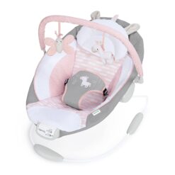 Ingenuity Soothing Baby Bouncer with Vibrating Infant Seat, Music, Removable -Toy Bar & 2 Plush Toys - Flora the Unicorn (Pink), 0-6 Months