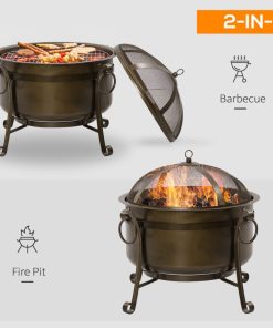 Outsunny 30 Inch Outdoor Fire Pit Round Wood Burning Patio Firepit with Cooking BBQ Grill Spark Screen Poker for Backyard Bonfire