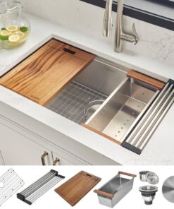 Ruvati 1002708069 32 in. Single Bowl Undermount 16-Gauge Stainless Steel Ledge Kitchen Sink with Sliding Accessories