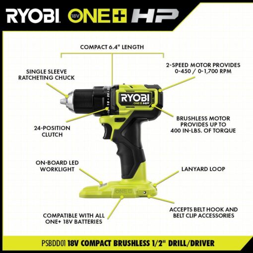 RYOBI PSBCK01K ONE+ HP 18V Brushless Cordless Compact 1/2 in. Drill and Impact Driver Kit with (2) 1.5 Ah Batteries, Charger and Bag