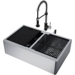 VIGO 1004856791 Oxford 33" Double Bowl Workstation Undermount Stainless Steel Farmhouse Sink with Ledge and Faucet with Accessories