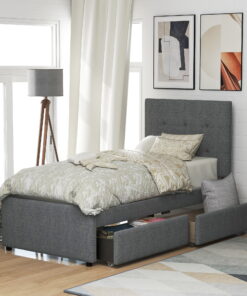 Euroco Twin Upholstered Platform Bed with 2 Storage Drawers for Kids, Gray