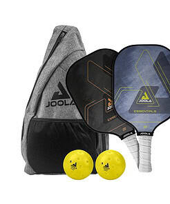JOOLA Essentials Pickleball Set- 2 Paddles, 2 Balls, Sling Bag, 2.2 lbs., black and blue