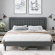 Homfa King Bed Frame, Button Tufted Upholstered Platform with Adjustable Headboard, Dark Grey