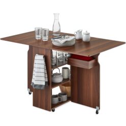 Best Choice Products Multipurpose Folding Table w/ Built-in Wheels, 3 Storage Shelves, Cubby, Carrying Handle - Brown