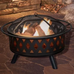 George Oliver Jameira 32-Inch Round Outdoor Wood Burning Firepit with Screen, Poker, and Cover