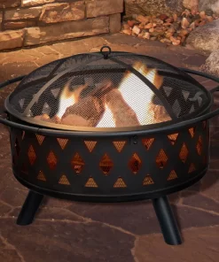 George Oliver Jameira 32-Inch Round Outdoor Wood Burning Firepit with Screen, Poker, and Cover