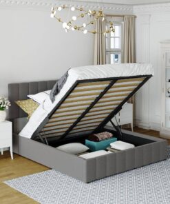 None  Gray Queen Size Upholstered Platform Bed with a Hydraulic Storage System