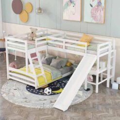 Harper & Bright Designs  L-Shaped White Twin Over Full Triple Bunk Bed with Ladder, Slide and Desk