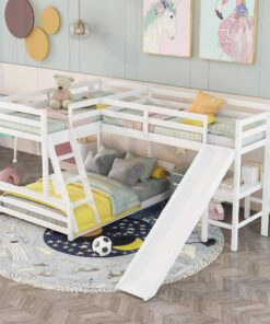Harper & Bright Designs  L-Shaped White Twin Over Full Triple Bunk Bed with Ladder, Slide and Desk