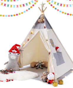 Besrey Kids Teepees Play Tent with Free String Lights & Mat, Portable Canvas Playhouse for Kids Indoor Outdoor Playing