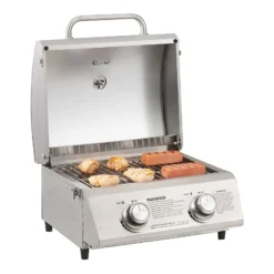 Monument Grills Tabletop Propane Gas Grill Stainless for Portable Camping Cooking with Travel Locks, High Lid