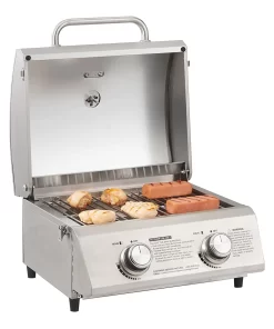 Monument Grills Tabletop Propane Gas Grill Stainless for Portable Camping Cooking with Travel Locks, High Lid