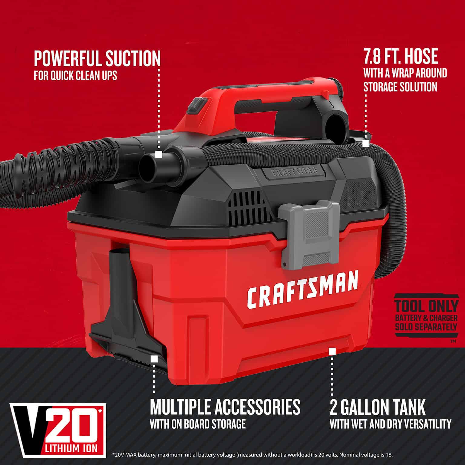 CRAFTSMAN V20 35-CFM 20-volt Max 2-Gallons Cordless Wet/Dry Shop Vacuum ...