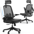 Ergonomic Mesh Office Chair, High Back Desk Chair - Adjustable Headrest with 90° Flip-Up Arms, Up to 125° Tilt Function, Liftable Thickened Seat and PU Wheels, 360° Swivel Computer Task Chair