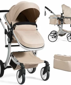 Costway Folding Aluminum Infant Bassinet Reversible Baby Stroller W/ Diaper Bag Beige