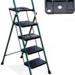 4 Step Ladder, HBTower Folding Step Stool with Tool Platform, Wide Anti-Slip Pedal, Sturdy Steel Ladder, Convenient Handgrip, Lightweight 330lbs Portable Steel Step Stool, Green and Black - 1