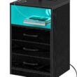 Seventable Nightstand with Wireless Charging Station and LED Lights, Modern End Side Table with 3 Drawers and Open Compartment for Bedroom, Black - 1