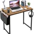 Lufeiya Small Computer Desk Study Table for Small Spaces Home Office 31 Inch Rustic Student Laptop PC Writing Desks with Storage Bag Headphone Hook,Brown - 1