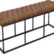 HomePop Faux Leather Button Tufted Decorative Bench with Metal Base, Brown - 1