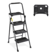 HBTower 3 Step Ladder with Tool Tray, Folding Step Stool with Wide Non-Slip Pedal and Comfort Handgrip, Black