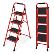 KINGRACK Folding Step Ladder 4 Steps Stool,Heavy-Duty Sturdy Safety Steel Tall Step Stool Ladders, Red