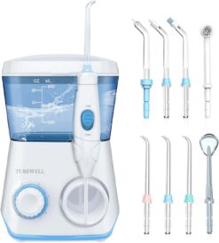TUREWELL Water Flossing Oral Irrigator, 600ML Dental Cleaner 10 Adjustable Pressure, Electric Oral Flosser for Teeth/Braces, 8 Water Jet Tips for Family (White) - 1