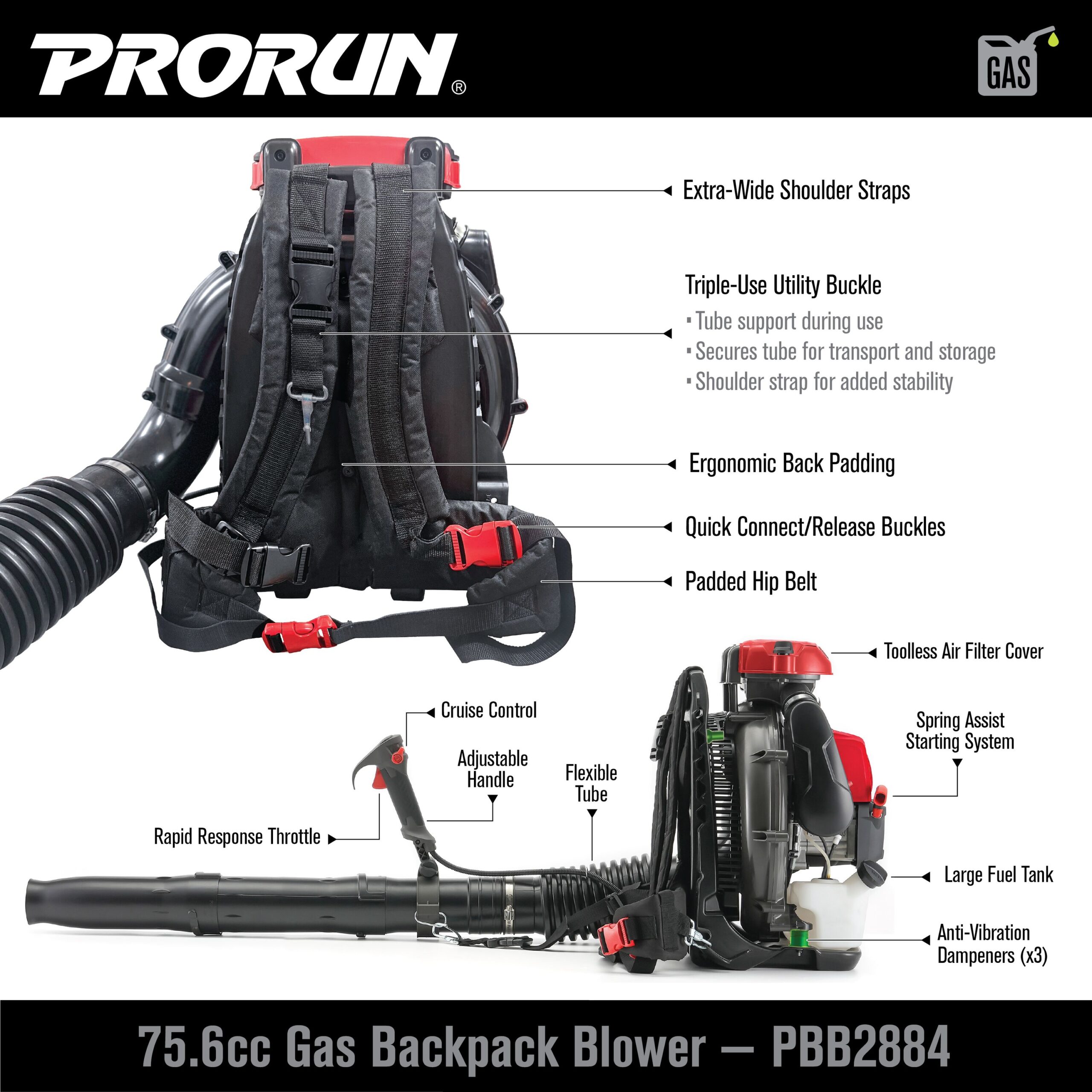 67673356 PRORUN 76cc 1020 CFM 240 MPH 2-Cycle Gas-Powered Backpack Leaf Blower