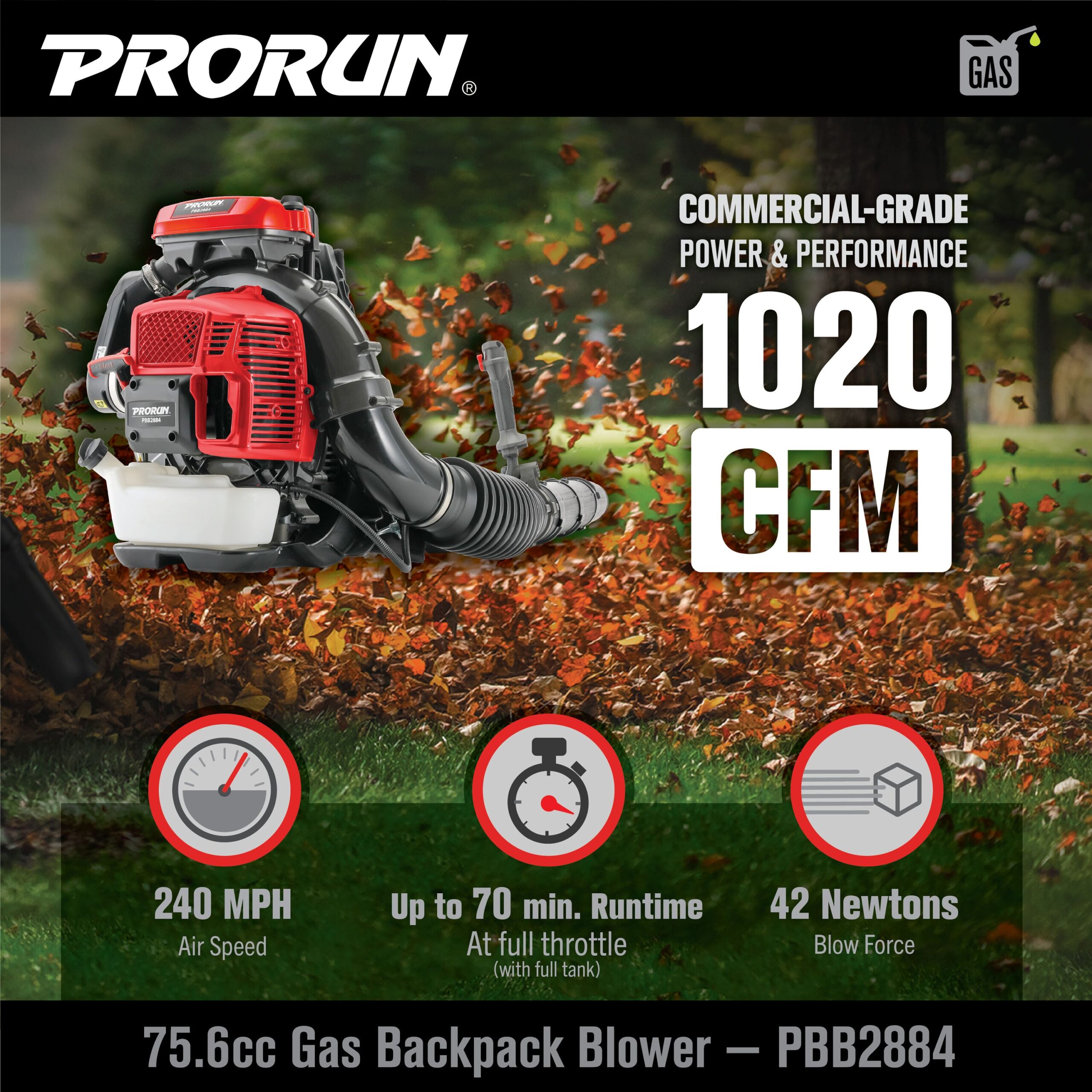 67673357 PRORUN 76cc 1020 CFM 240 MPH 2-Cycle Gas-Powered Backpack Leaf Blower